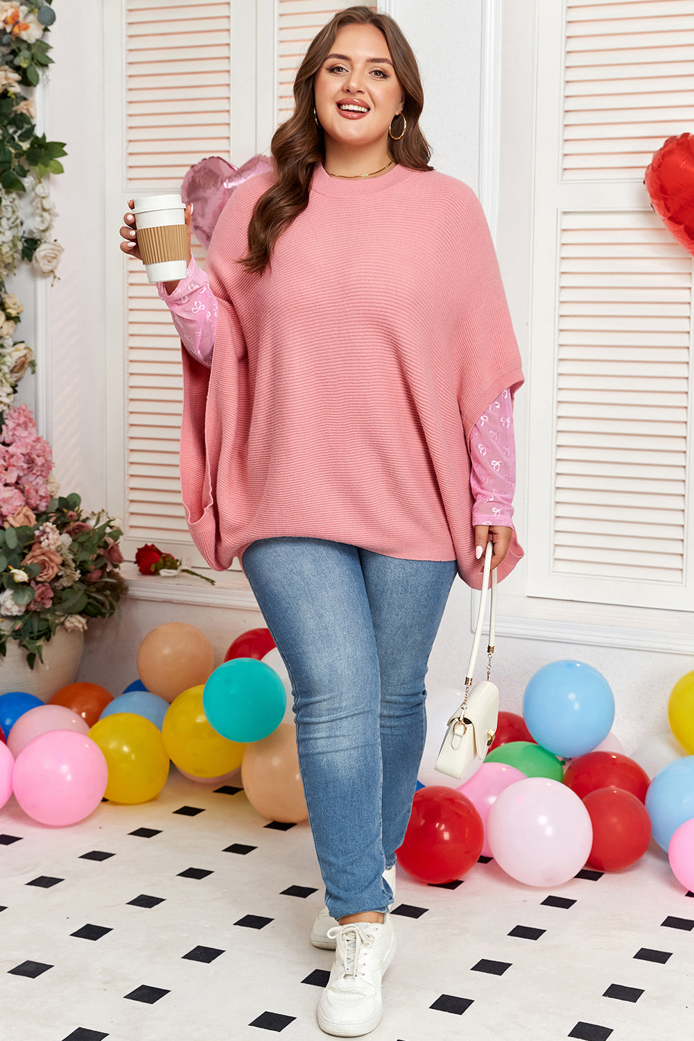 Light Pink Ribbed Knit Poncho Style Sweater Plus Size Dear-Lover Dropshipping